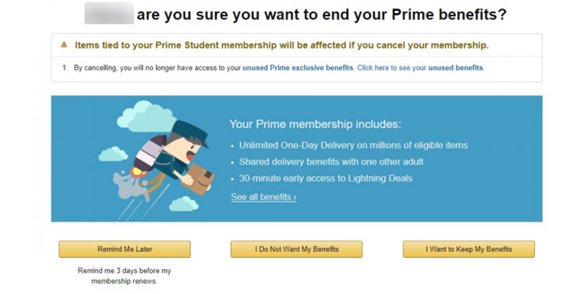 A screenshot of the first stage of the unsubscriptions process for Amazon showing a list of Prime benefits.