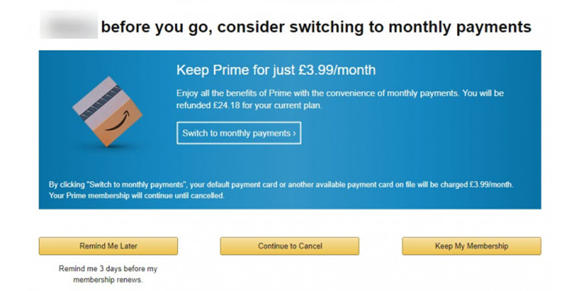 A screenshot of the second stage of the unsubscriptions process for Amazon showing an option to choose a monthly payment.