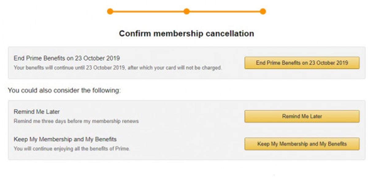 A screenshot of the final stage of the unsubscriptions process for Amazon that lets you choose to cancel your subscription.