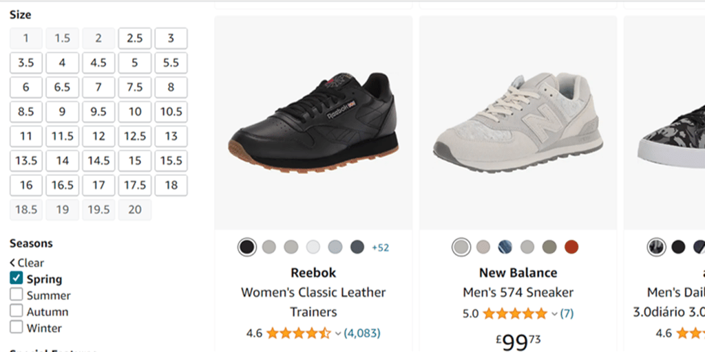 A screenshot on Amazon showing the many filter options down the left side of the page, including shoe sizes and seasonal filters.