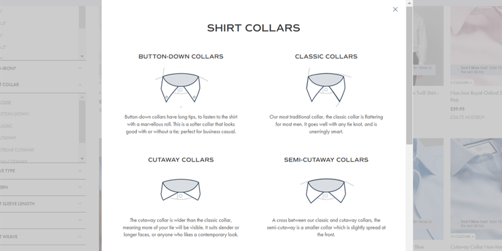 A screenshot from Charles Tyrwhitt 'What is this?' pop up that describes the different types of collars through images and names. Showing the options for button-down, classic, cutaway, semi-cutaway.