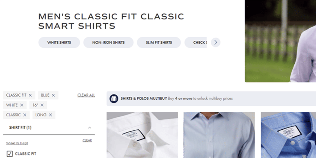 A screenshot from the Charles Tyrwhitt website showing the filters that have been chosen by the user towards the left of the page.