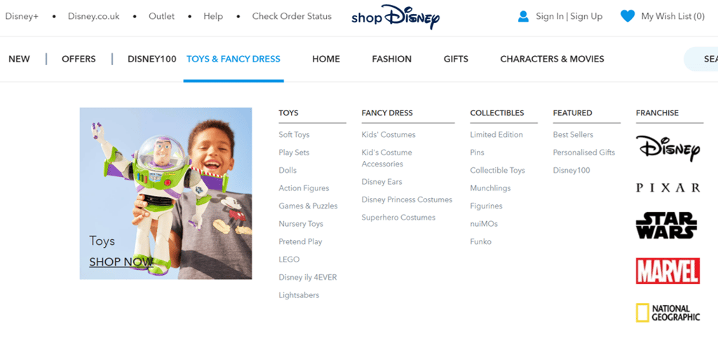 A screenshot of the Disney Store mega menu. To the left is a picture of a child playing with a Buzz Lightyear toy, doubling as a link to the Toys category. To the right is a list of recognisable brand logos from Marvel, Pixar, Star Wars, Disney, and National Geographic.