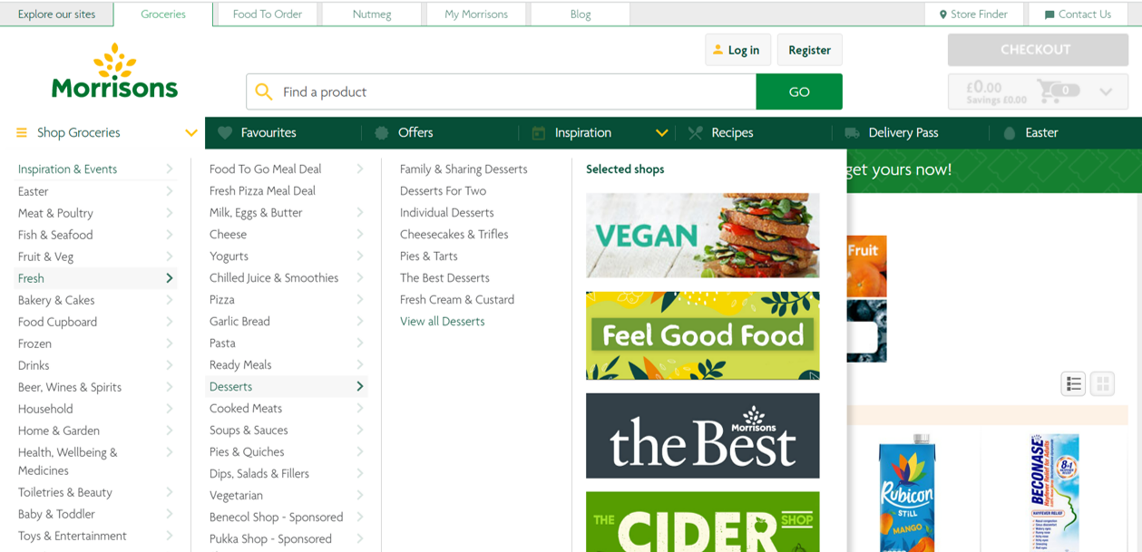 Screenshot of the Morrisons mega menu, showing that each category of food opens up a new mega menu. This journey follows 'Fresh' that opens a sub menu where we click Desserts, and a sub menu opens for a list with different fresh desserts.