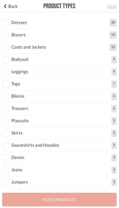 A screenshot of the Product types menu open on the In The Style mobile website.