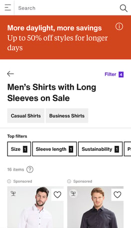 Screenshot of the Zalando mobile website, with a filter slider at the top of the page. The screenshot shows a filter for size, sleeve length, and sustainability.