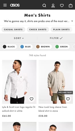 A screenshot of the ASOS mobile website, with a tick next to the filter box at the top of the page.