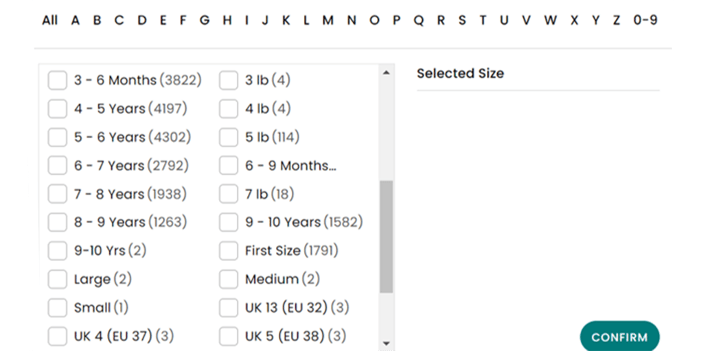 A screenshot of the Next filtering menu of their baby sizes in the same categories that they do in the stores.